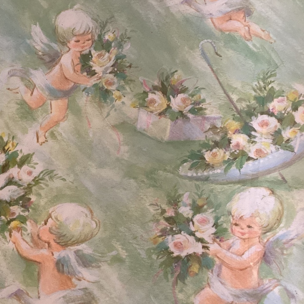 BABY SHOWER Gift Wrap Boy Girl Wrapping Paper 1960 RETRO Vtg SEALED BABY ANGELS